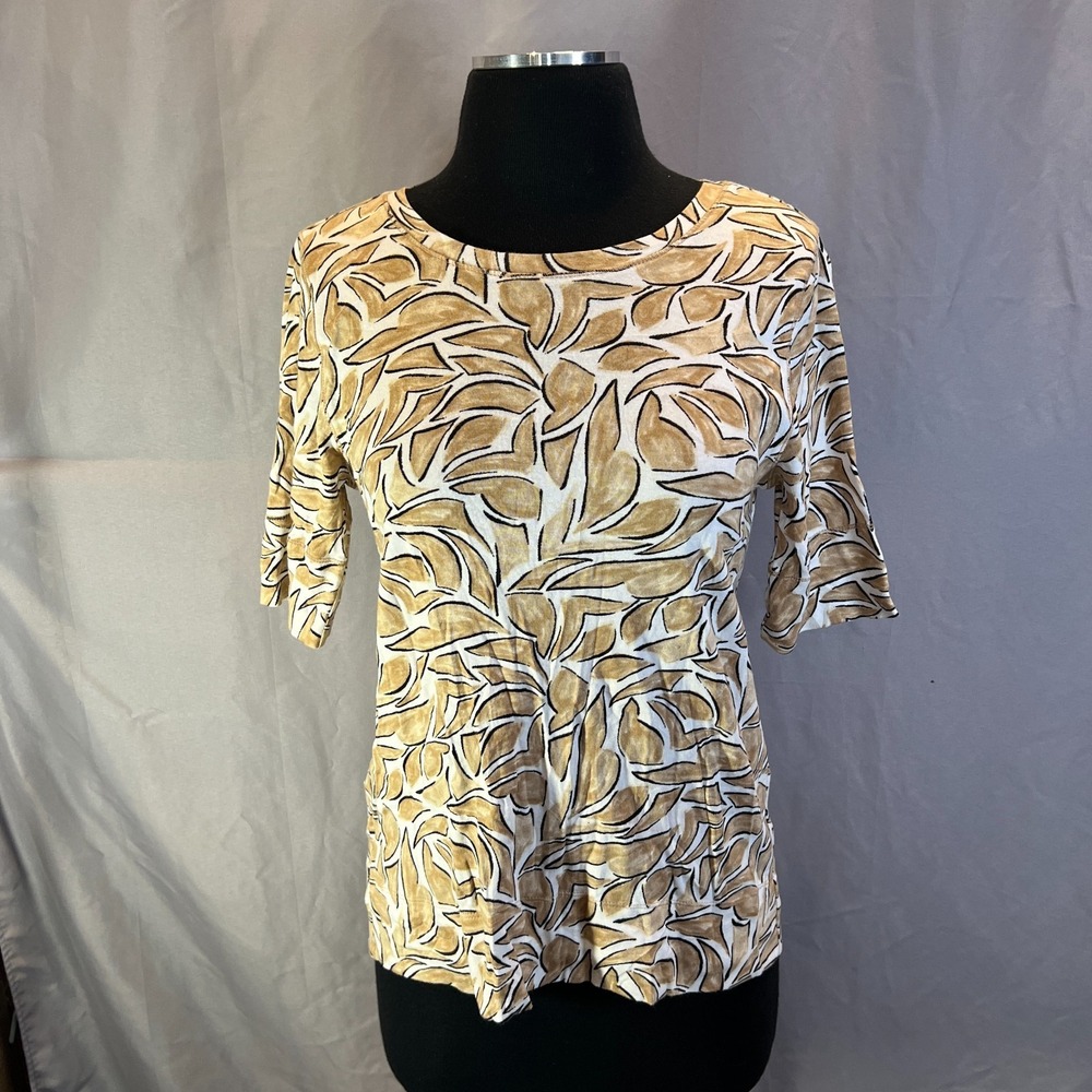 Chico's Blouse Top Womens Small Beige White Leaf Print Pima Cotton Short Sleeve